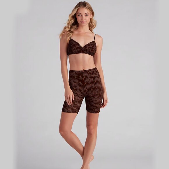 Greek Mystique Tan Black Geometric Pajama Bralette Surplice Neck Adjustable S - Picture 3 of 3